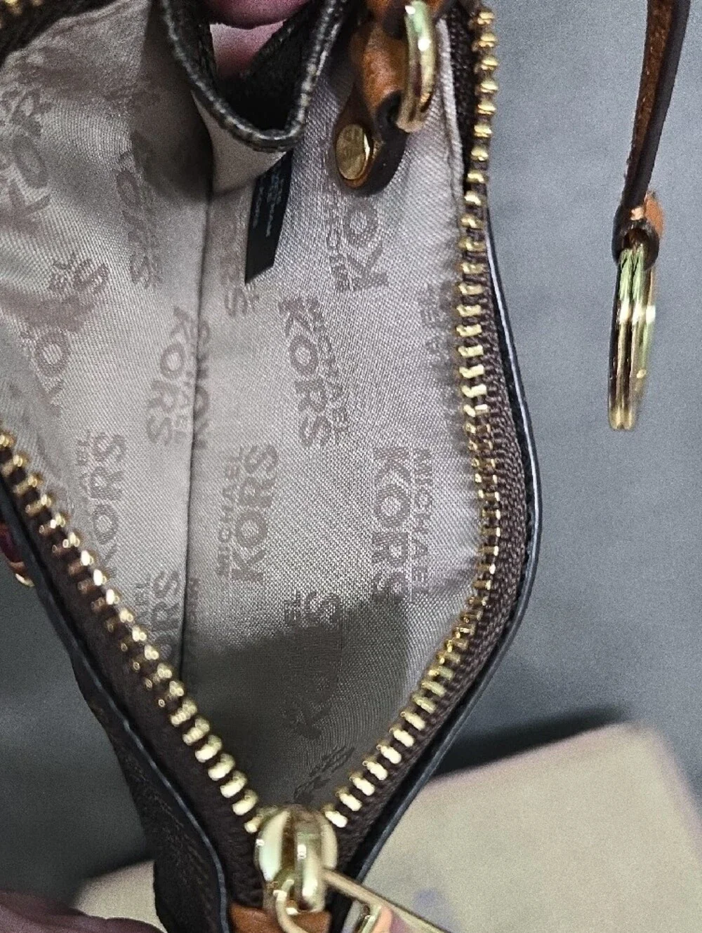 Michael Kors Brown Logo Zip Card Holder Keychain with Gold Tone Hardware